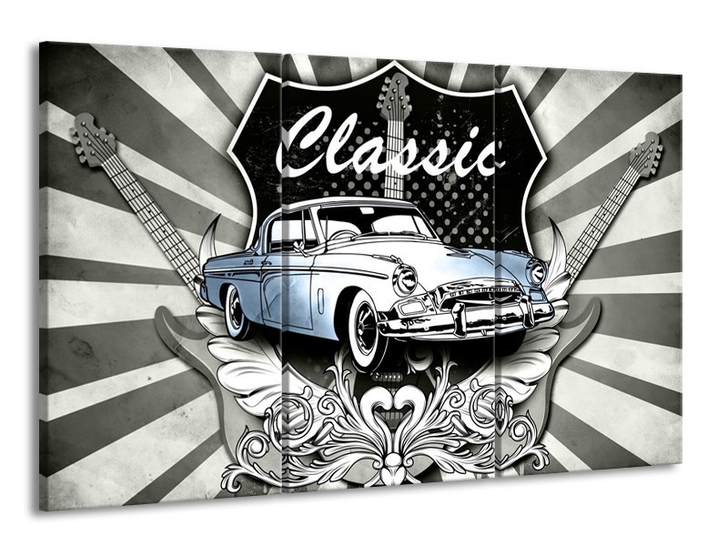 Canvas Schilderij Oldtimer, Auto | Grijs, Blauw | 165x100cm 3Luik