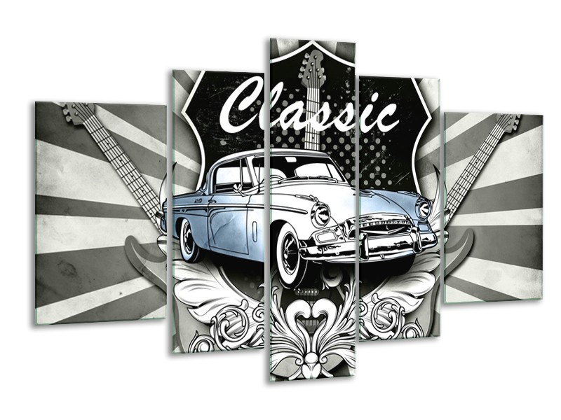 Glasschilderij Oldtimer, Auto | Grijs, Blauw | 170x100cm 5Luik