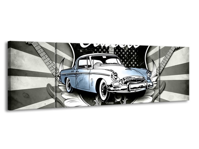 Glasschilderij Oldtimer, Auto | Grijs, Blauw | 170x50cm 3Luik