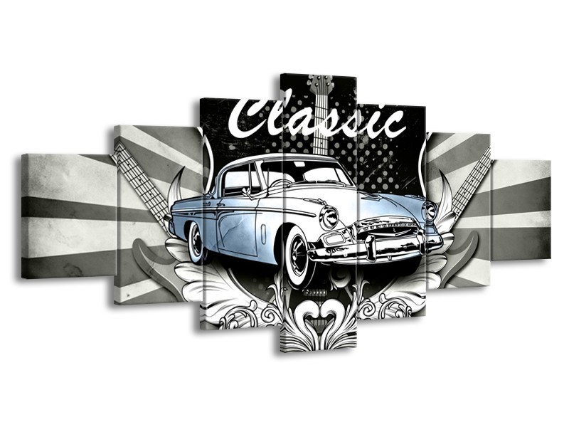 Glasschilderij Oldtimer, Auto | Grijs, Blauw | 210x100cm 7Luik