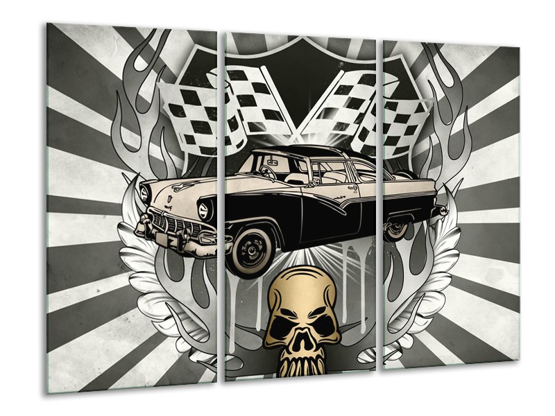 Glasschilderij Oldtimer, Auto | Grijs, Goud | 120x80cm 3Luik