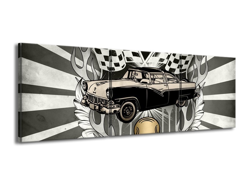 Glasschilderij Oldtimer, Auto | Grijs, Goud | 150x50cm 3Luik