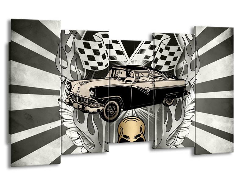 Glasschilderij Oldtimer, Auto | Grijs, Goud | 150x80cm 5Luik