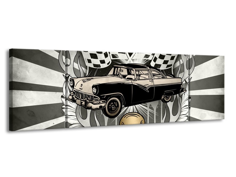 Glasschilderij Oldtimer, Auto | Grijs, Goud | 170x50cm 3Luik