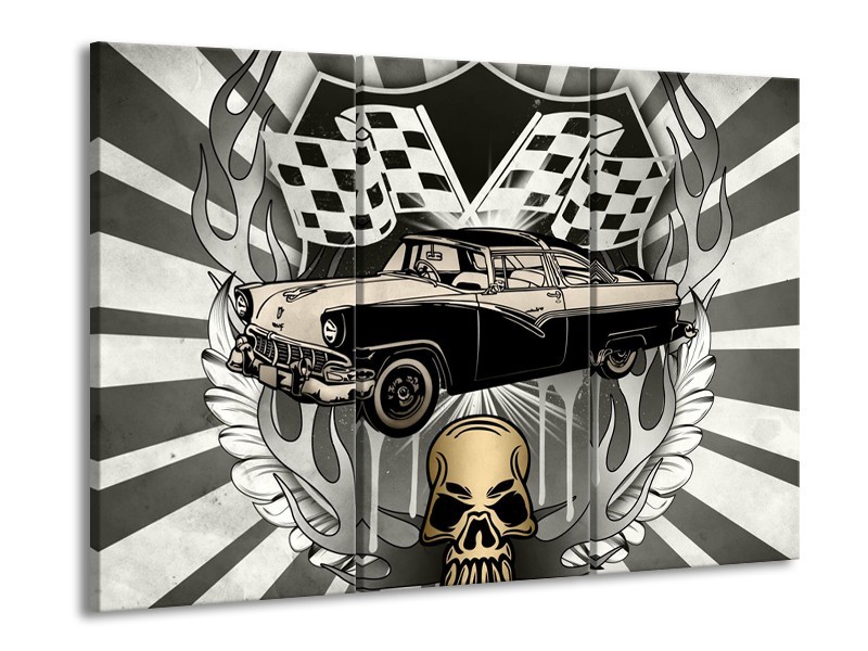 Glasschilderij Oldtimer, Auto | Grijs, Goud | 60x90cm 3Luik