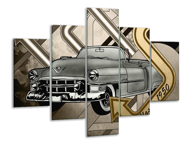 Glasschilderij Oldtimer, Auto | Grijs, Goud | 100x70cm 5Luik