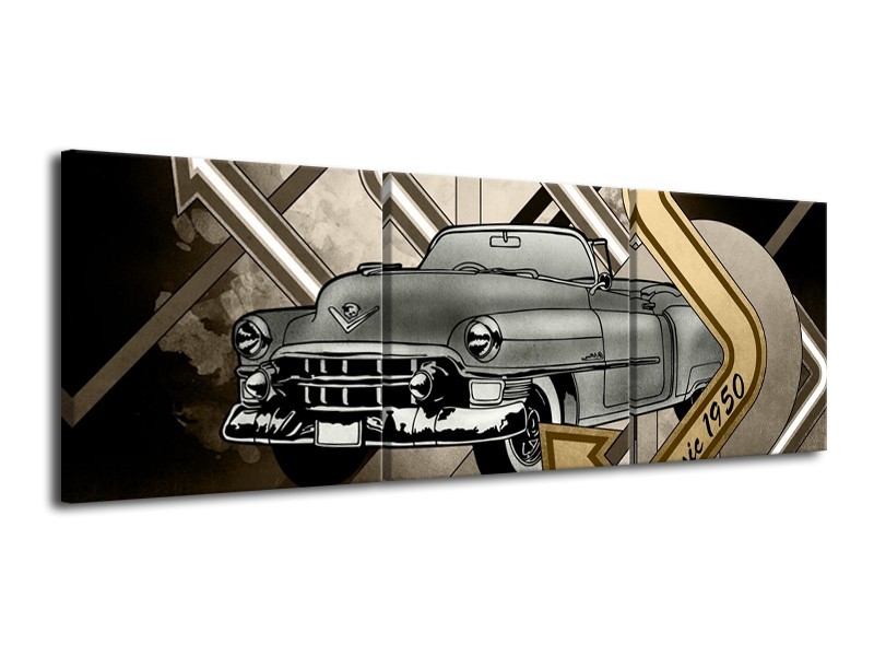 Glasschilderij Oldtimer, Auto | Grijs, Goud | 120x40cm 3Luik