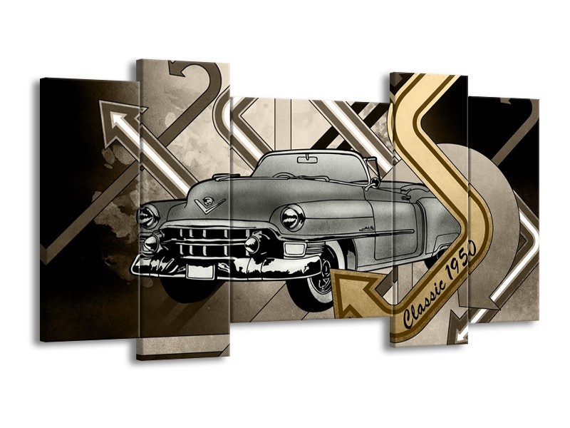 Glasschilderij Oldtimer, Auto | Grijs, Goud | 120x65cm 5Luik