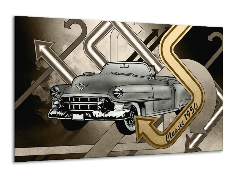 Glasschilderij Oldtimer, Auto | Grijs, Goud | 120x70cm 1Luik