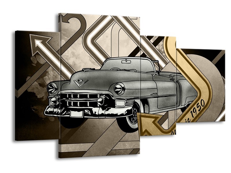 Glasschilderij Oldtimer, Auto | Grijs, Goud | 120x75cm 4Luik