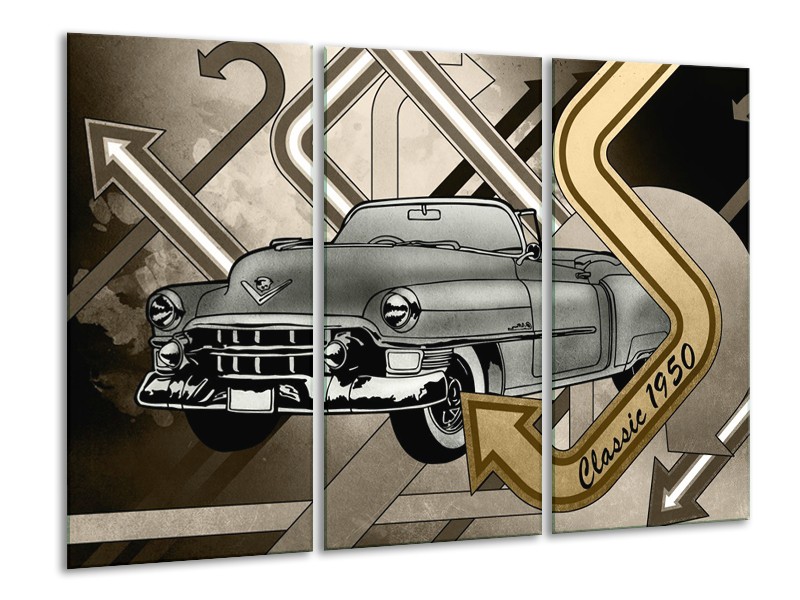 Canvas Schilderij Oldtimer, Auto | Grijs, Goud | 120x80cm 3Luik