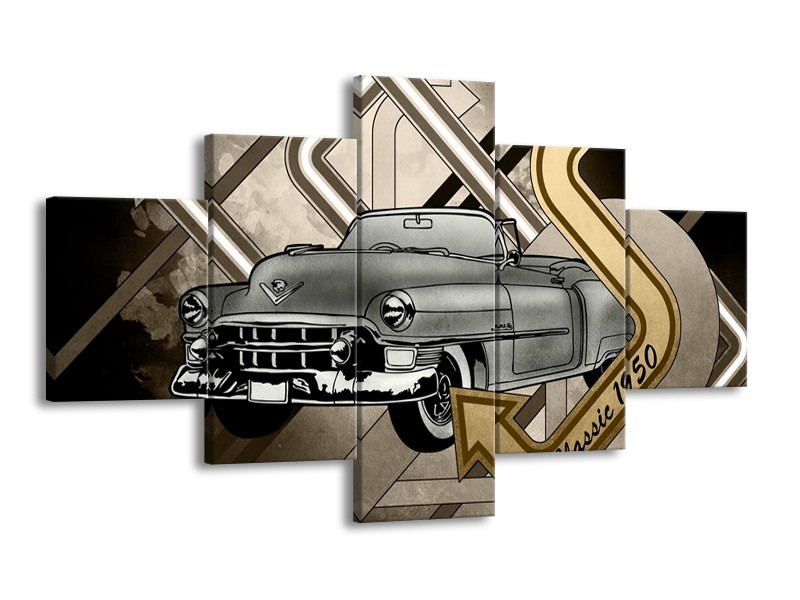 Glasschilderij Oldtimer, Auto | Grijs, Goud | 125x70cm 5Luik