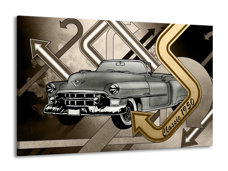 Glasschilderij Oldtimer, Auto | Grijs, Goud | 140x90cm 1Luik