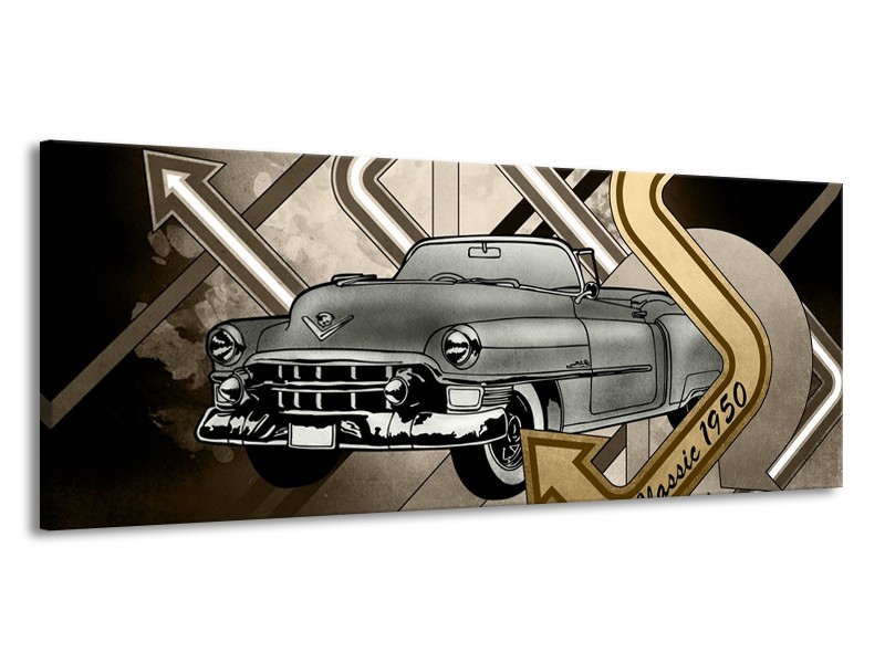 Glasschilderij Oldtimer, Auto | Grijs, Goud | 145x58cm 1Luik