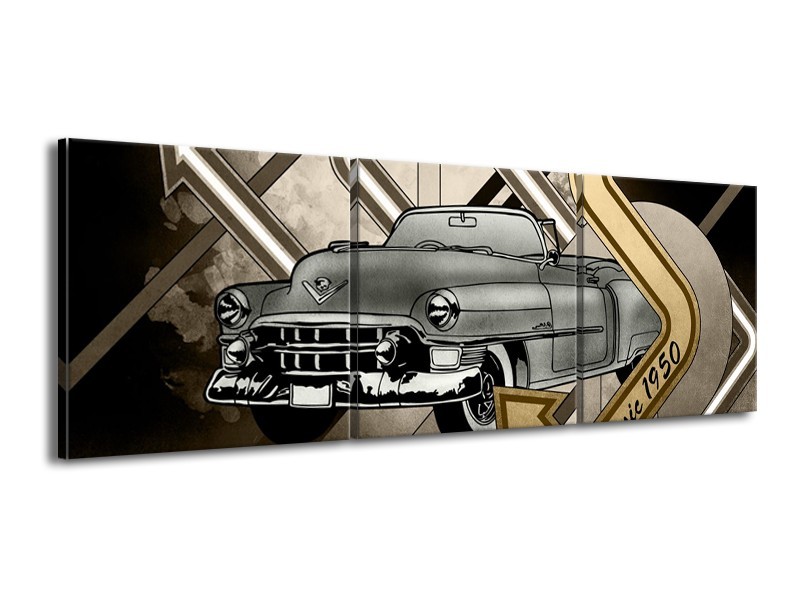 Glasschilderij Oldtimer, Auto | Grijs, Goud | 150x50cm 3Luik