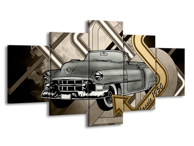 Glasschilderij Oldtimer, Auto | Grijs, Goud | 150x80cm 5Luik