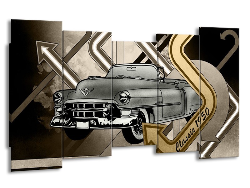 Glasschilderij Oldtimer, Auto | Grijs, Goud | 150x80cm 5Luik