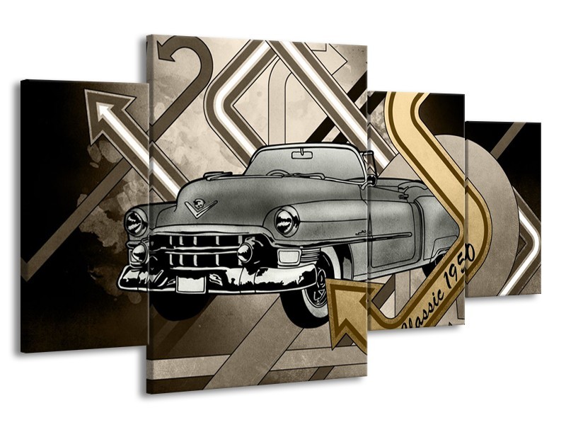 Glasschilderij Oldtimer, Auto | Grijs, Goud | 160x90cm 4Luik