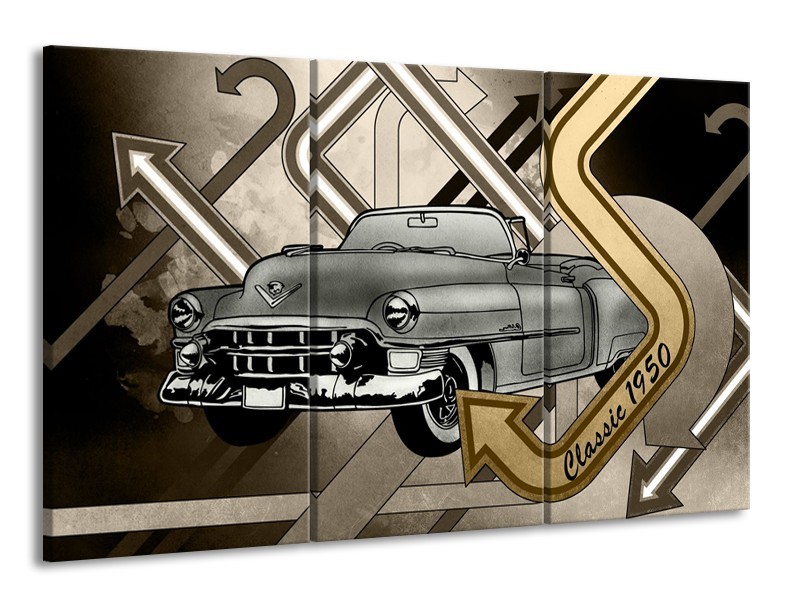 Glasschilderij Oldtimer, Auto | Grijs, Goud | 165x100cm 3Luik