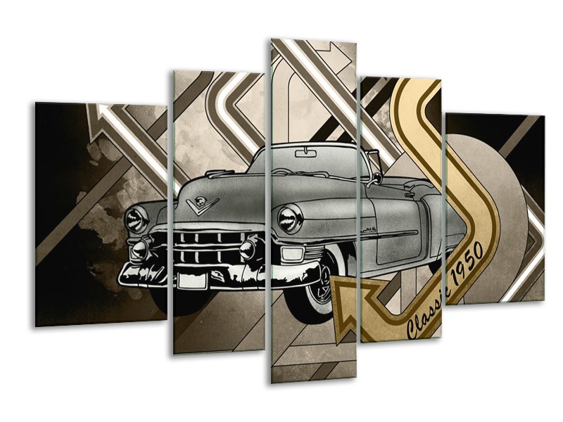 Glasschilderij Oldtimer, Auto | Grijs, Goud | 170x100cm 5Luik