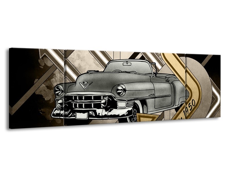 Canvas Schilderij Oldtimer, Auto | Grijs, Goud | 170x50cm 3Luik