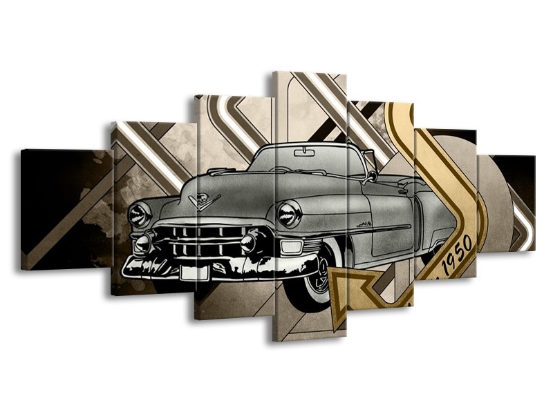 Glasschilderij Oldtimer, Auto | Grijs, Goud | 210x100cm 7Luik