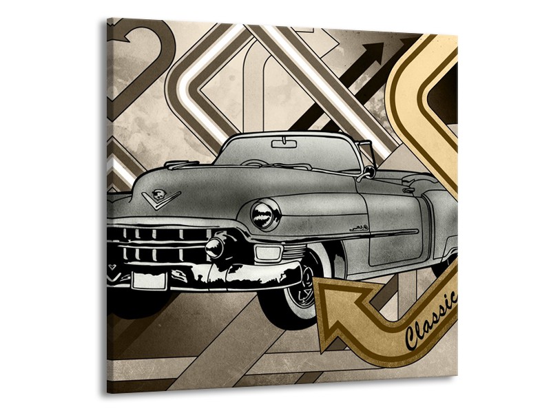 Glasschilderij Oldtimer, Auto | Grijs, Goud | 50x50cm 1Luik