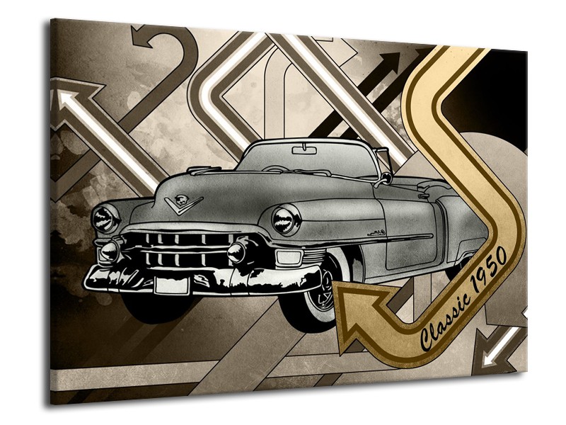 Glasschilderij Oldtimer, Auto | Grijs, Goud | 70x50cm 1Luik