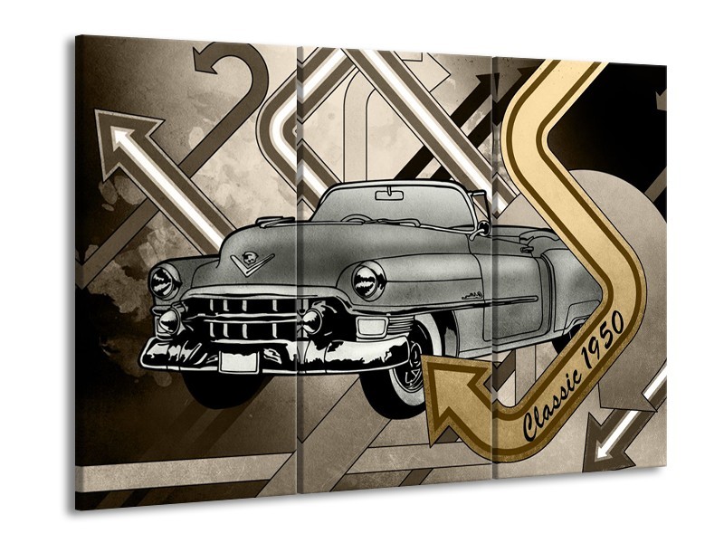 Glasschilderij Oldtimer, Auto | Grijs, Goud | 60x90cm 3Luik