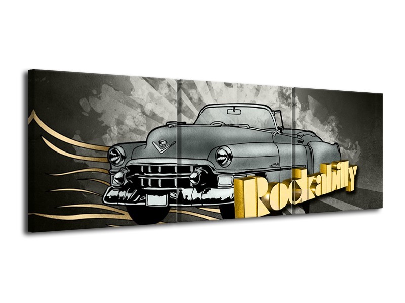 Glasschilderij Oldtimer, Auto | Grijs, Goud | 120x40cm 3Luik