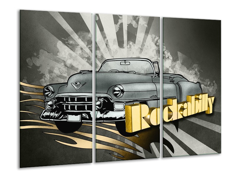 Glasschilderij Oldtimer, Auto | Grijs, Goud | 120x80cm 3Luik