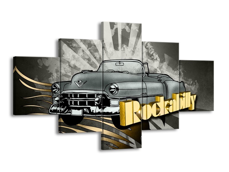 Glasschilderij Oldtimer, Auto | Grijs, Goud | 125x70cm 5Luik