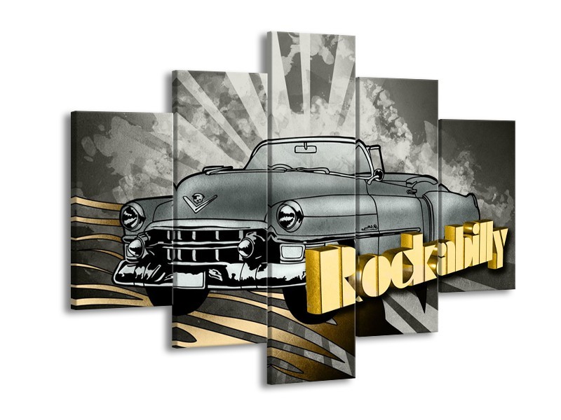 Glasschilderij Oldtimer, Auto | Grijs, Goud | 150x105cm 5Luik