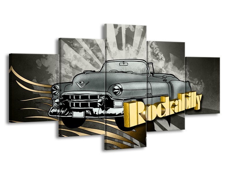 Glasschilderij Oldtimer, Auto | Grijs, Goud | 150x80cm 5Luik