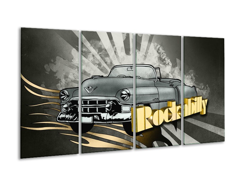 Glasschilderij Oldtimer, Auto | Grijs, Goud | 160x80cm 4Luik