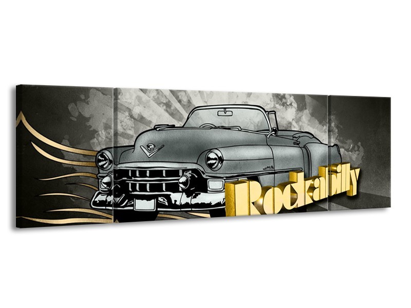 Canvas Schilderij Oldtimer, Auto | Grijs, Goud | 170x50cm 3Luik