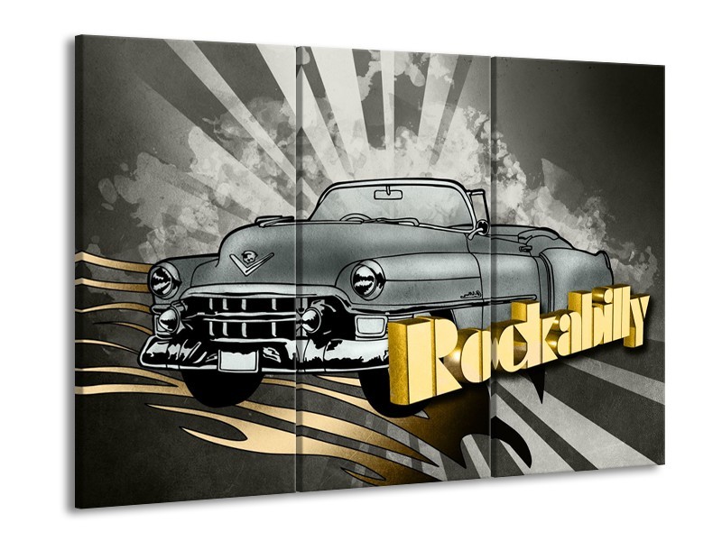 Glasschilderij Oldtimer, Auto | Grijs, Goud | 60x90cm 3Luik