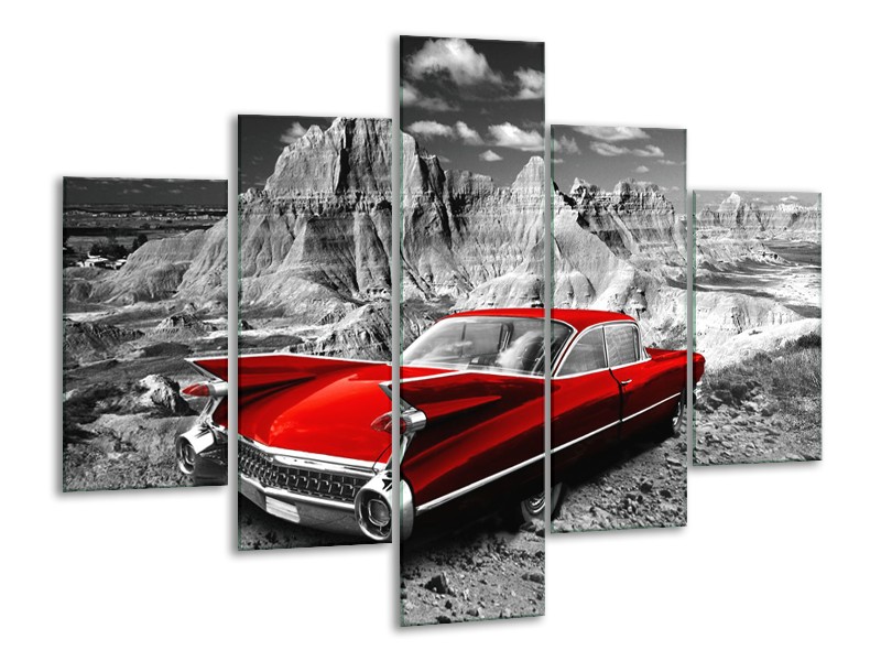 Glasschilderij Oldtimer, Auto | Grijs, Rood | 100x70cm 5Luik