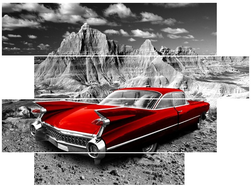 Glasschilderij Oldtimer, Auto | Grijs, Rood | 115x85cm 4Luik