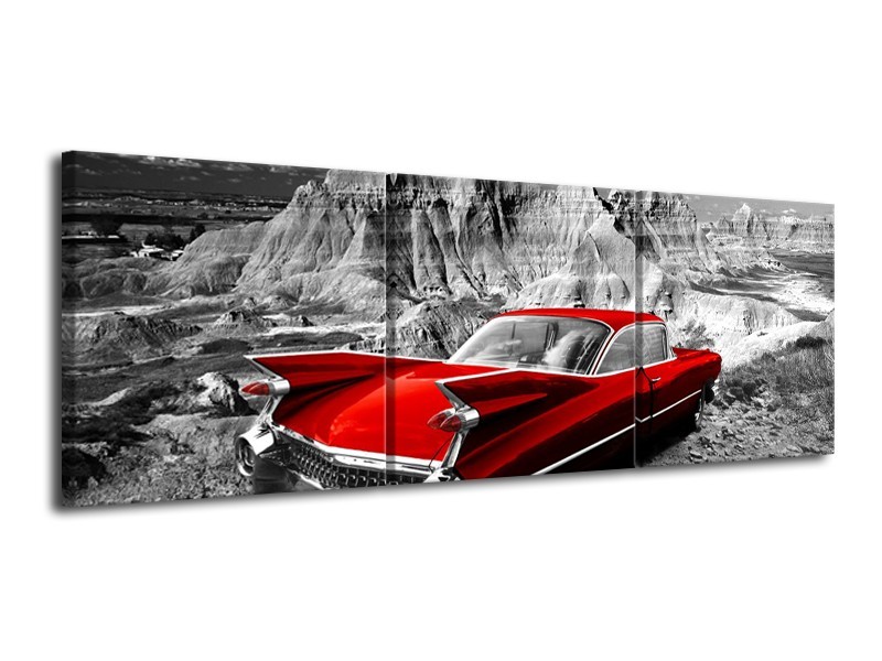 Canvas Schilderij Oldtimer, Auto | Grijs, Rood | 120x40cm 3Luik