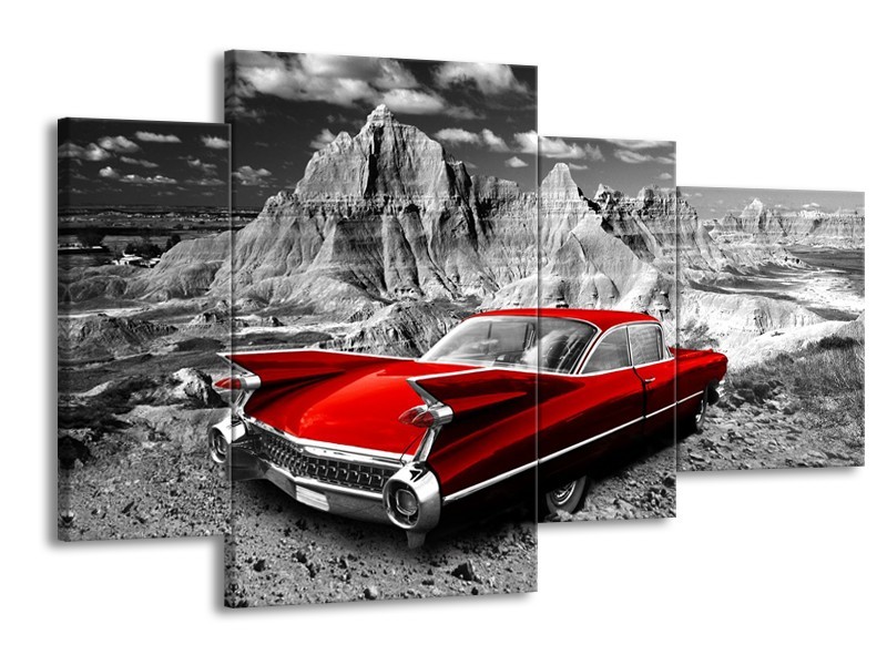 Glasschilderij Oldtimer, Auto | Grijs, Rood | 120x75cm 4Luik