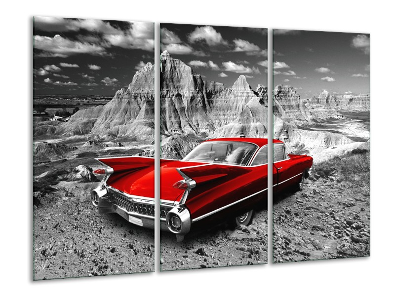 Glasschilderij Oldtimer, Auto | Grijs, Rood | 120x80cm 3Luik