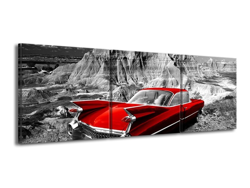 Canvas Schilderij Oldtimer, Auto | Grijs, Rood | 150x50cm 3Luik