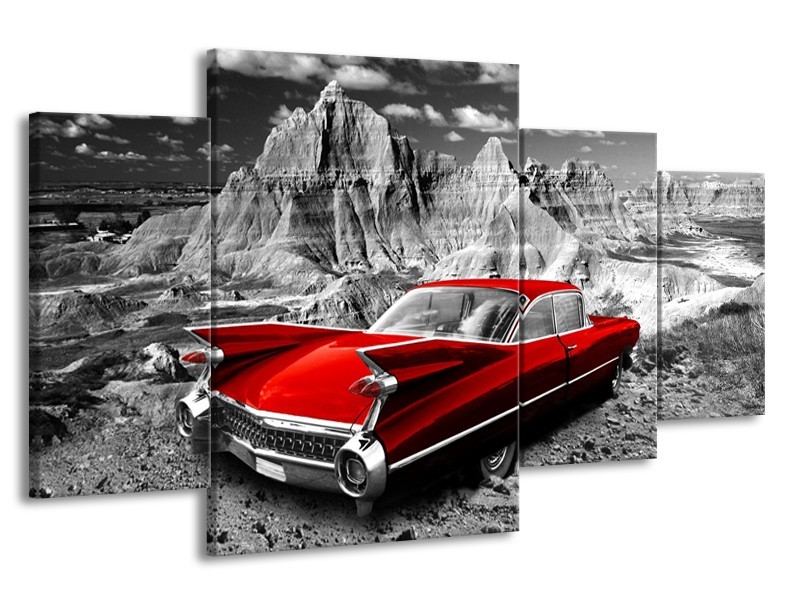 Glasschilderij Oldtimer, Auto | Grijs, Rood | 160x90cm 4Luik