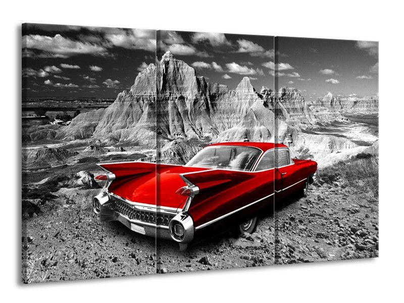 Canvas Schilderij Oldtimer, Auto | Grijs, Rood | 165x100cm 3Luik