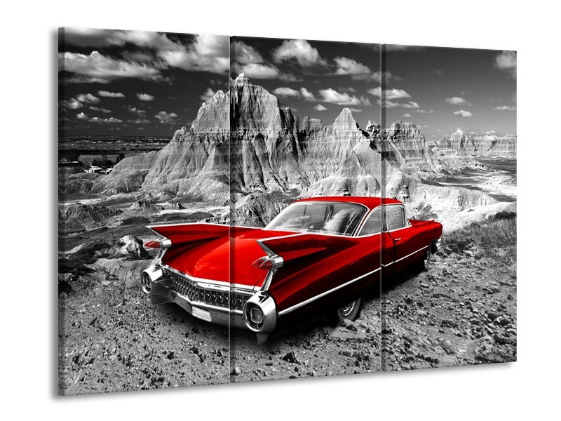 Canvas Schilderij Oldtimer, Auto | Grijs, Rood | 60x90cm 3Luik