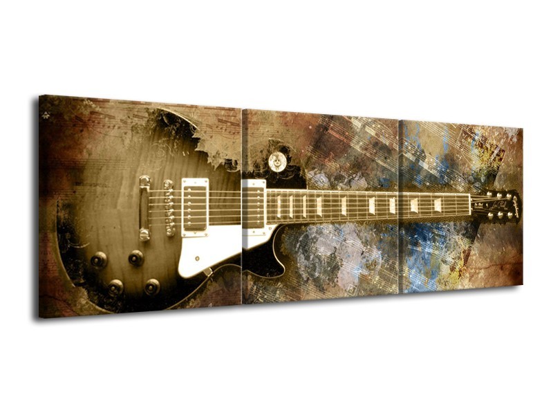 Canvas Schilderij Gitaar, Muziek | Bruin | 120x40cm 3Luik