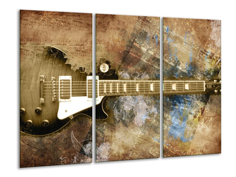 Canvas Schilderij Gitaar, Muziek | Bruin | 120x80cm 3Luik