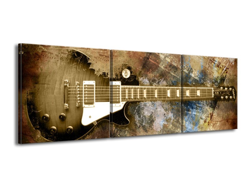 Canvas Schilderij Gitaar, Muziek | Bruin | 150x50cm 3Luik