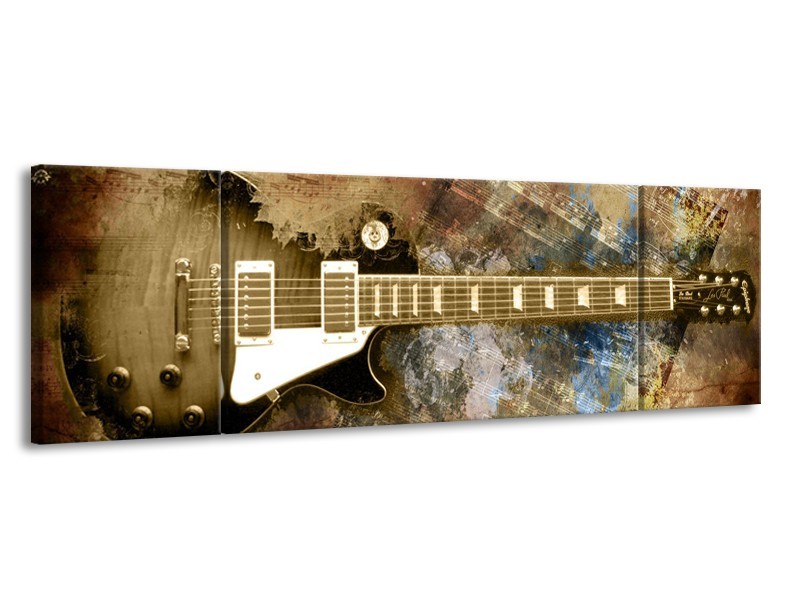 Canvas Schilderij Gitaar, Muziek | Bruin | 170x50cm 3Luik